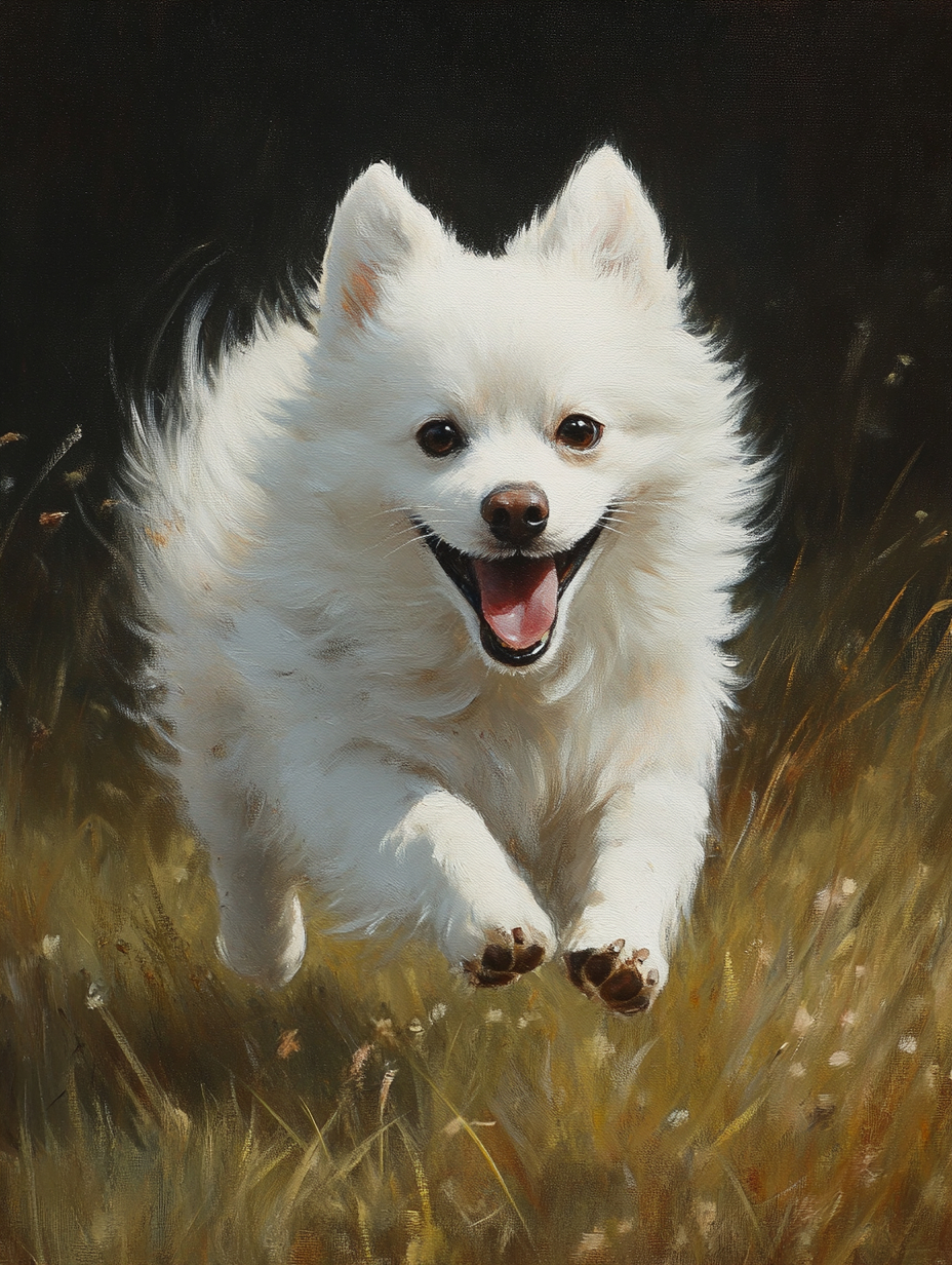 A white German Spitz running on the grass