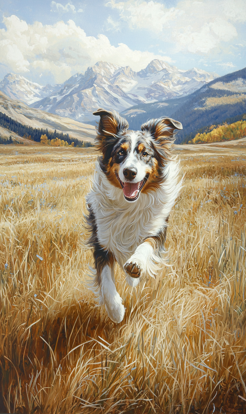 A playful Australian Shepherd dog running through a wide open field with mountains in the distance.
