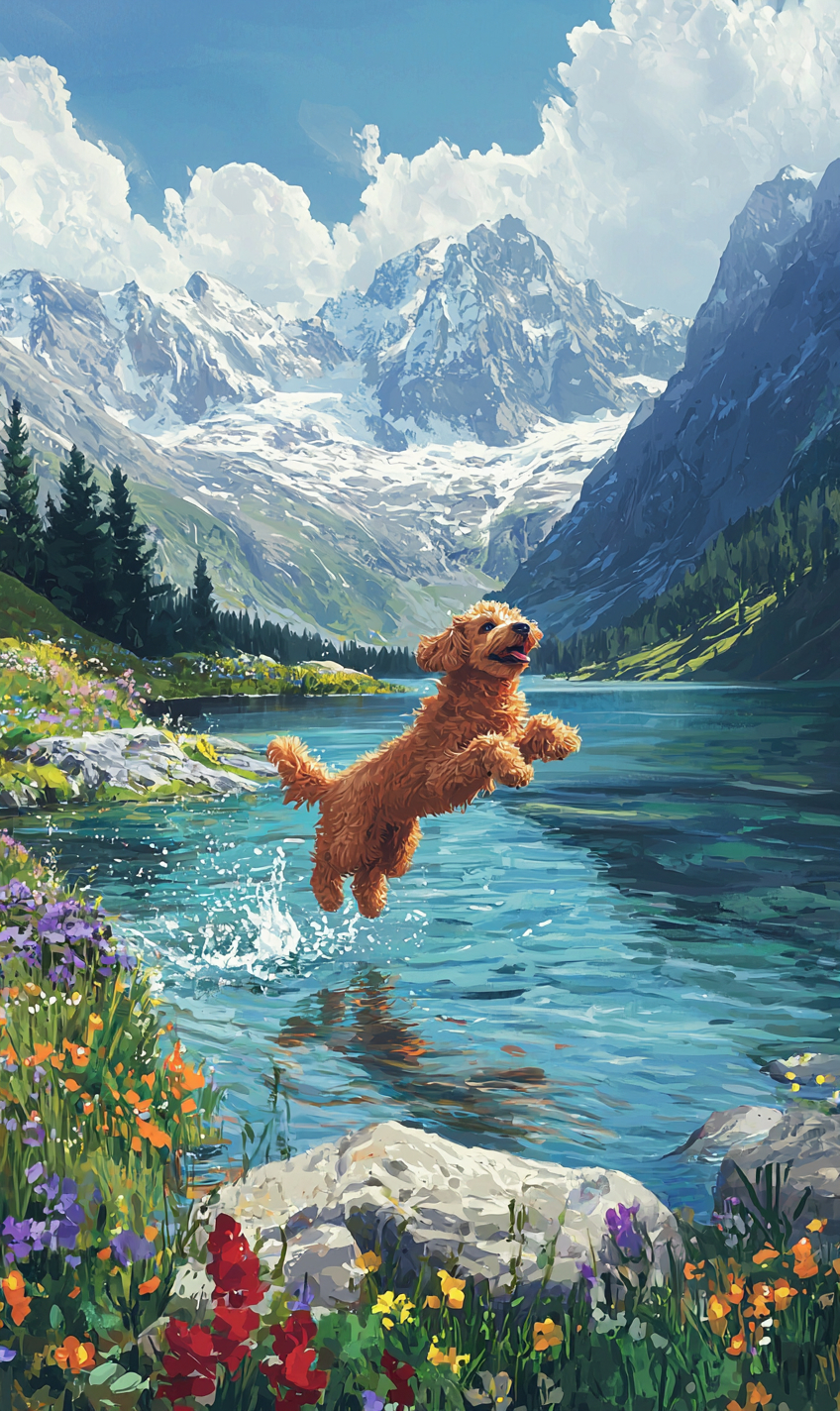 A playful Poodle jumps into a crystal-clear lake in the Swiss Alps, surrounded by snow-capped peaks and wildflowers.