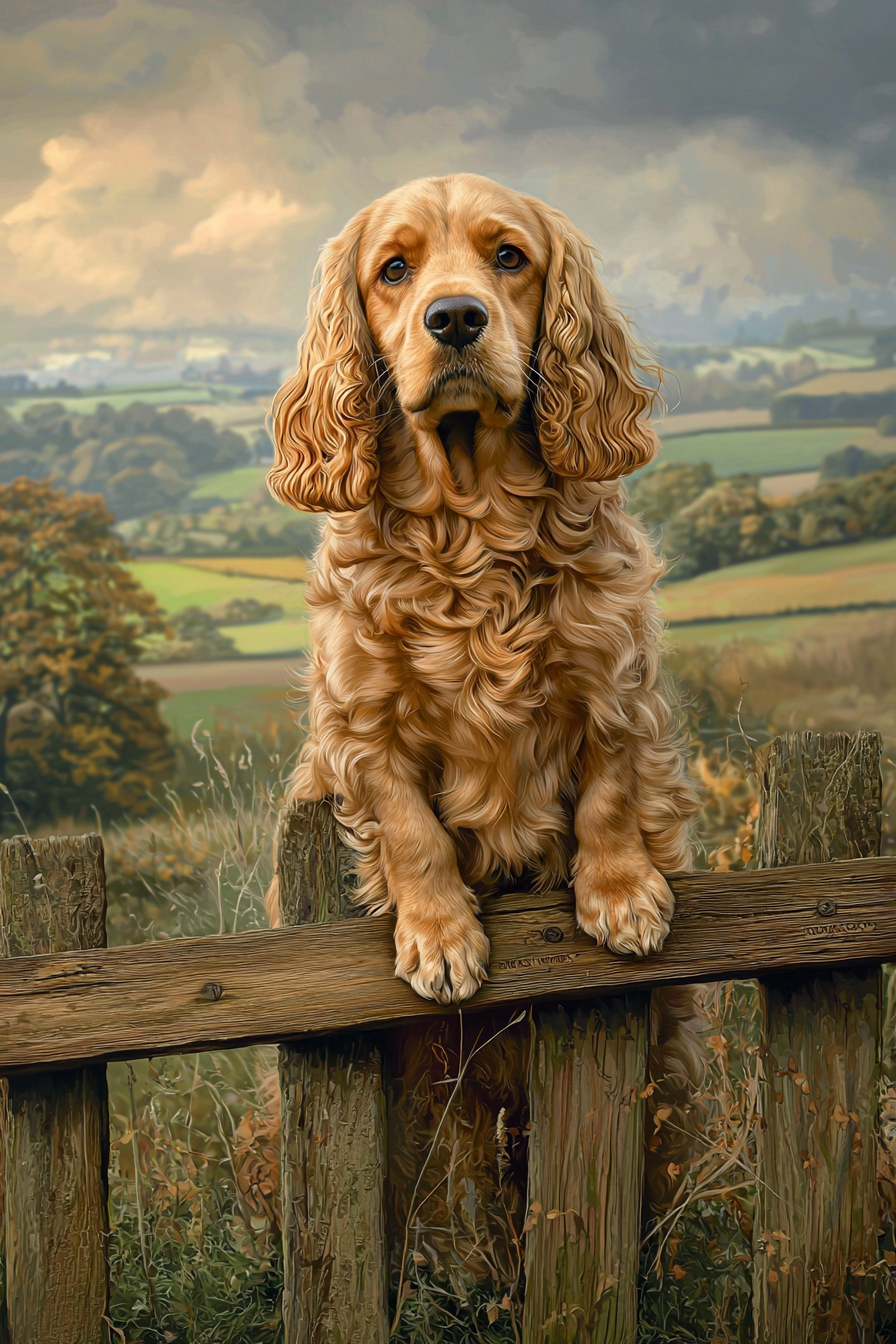 A soft golden Cocker Spaniel sits gracefully beside a wooden fence with a peaceful countryside backdrop and rolling hills.
