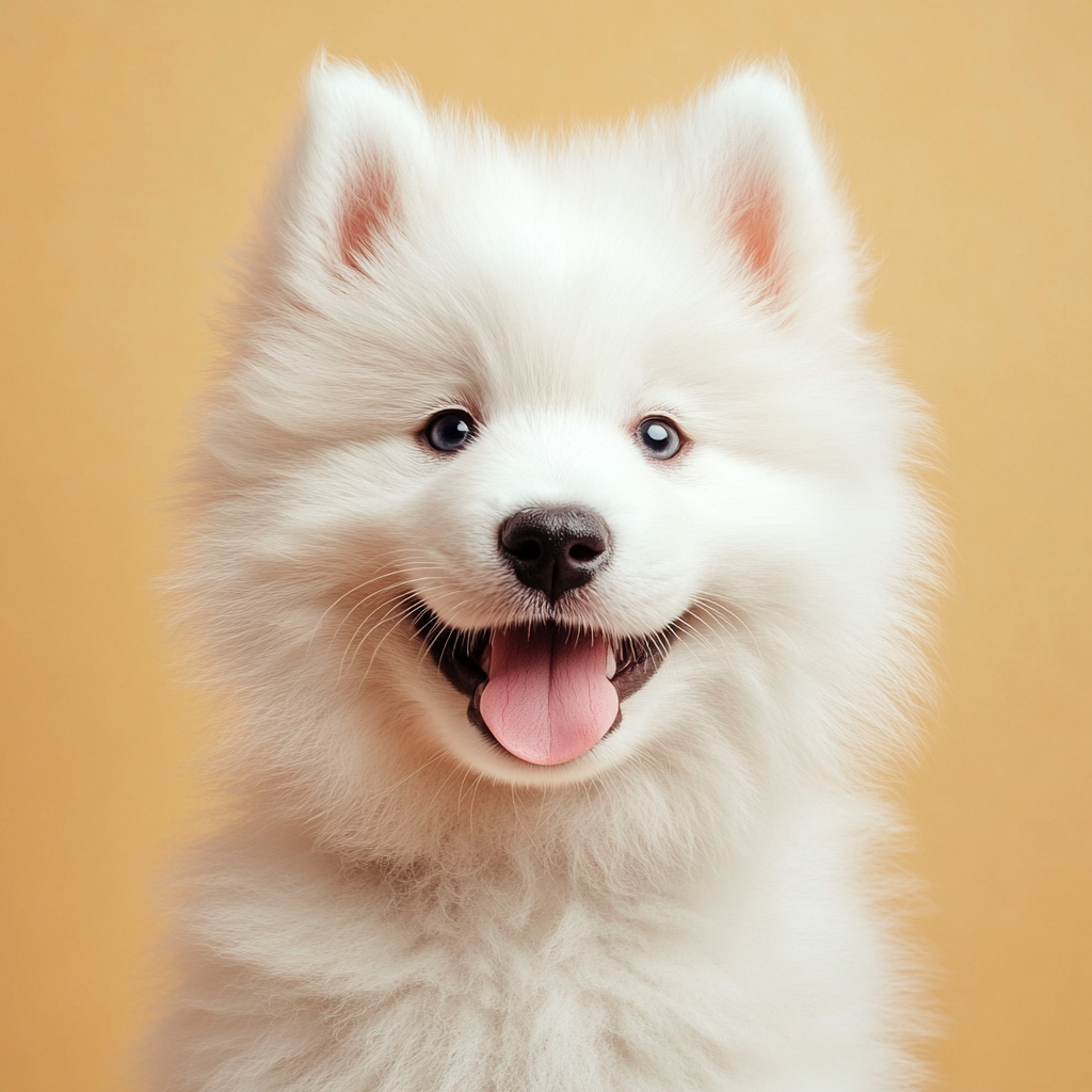 A 4-month-old fluffy white Samoyed puppy smiling, ideal for a YouTube profile picture.