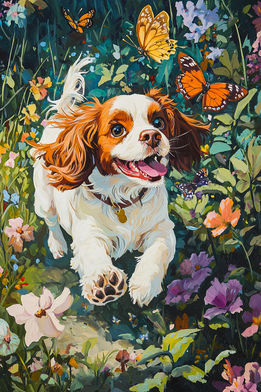 A playful Cavalier King Charles Spaniel is chasing butterflies in a lush green garden filled with colorful flowers.