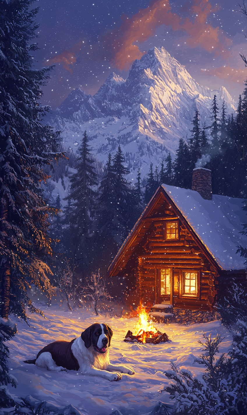 A Saint Bernard resting beside a cozy cabin in the snowy mountains, with a warm fire burning inside, surrounded by trees.