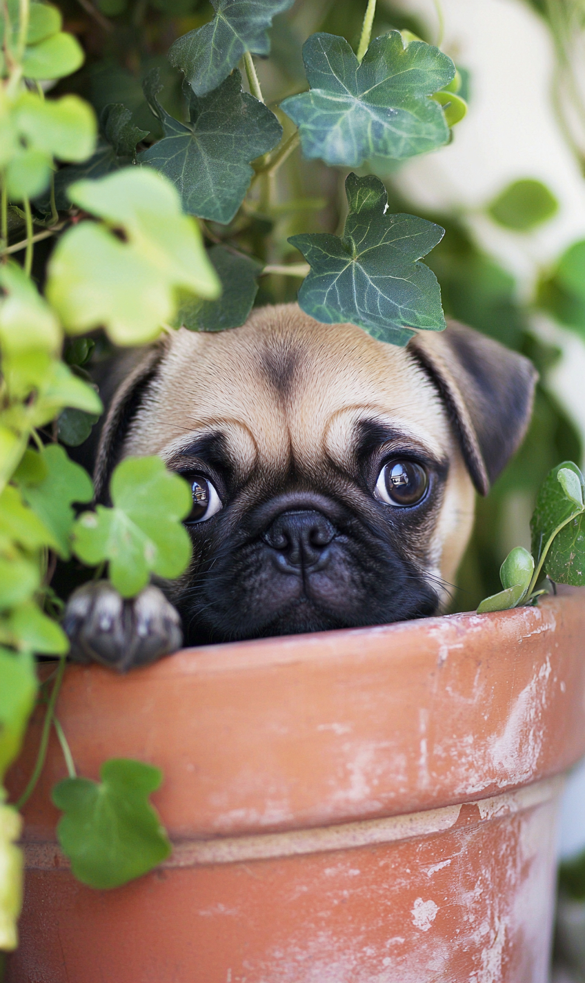 A cute pug puppy peeking from behind a flower pot, surrounded by green vines.