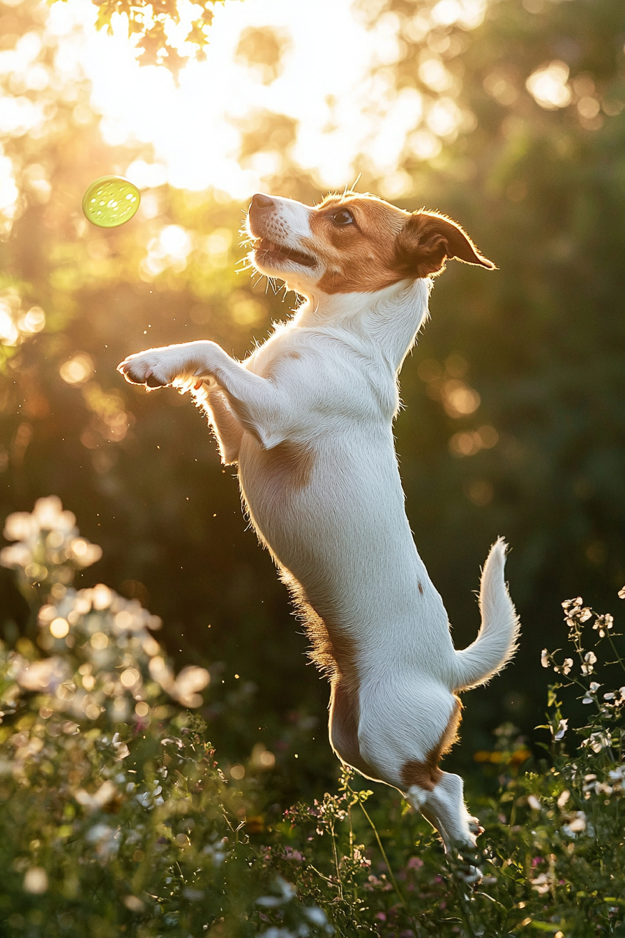 A Jack Russell Terrier jumps in a sunny park to catch a frisbee.
