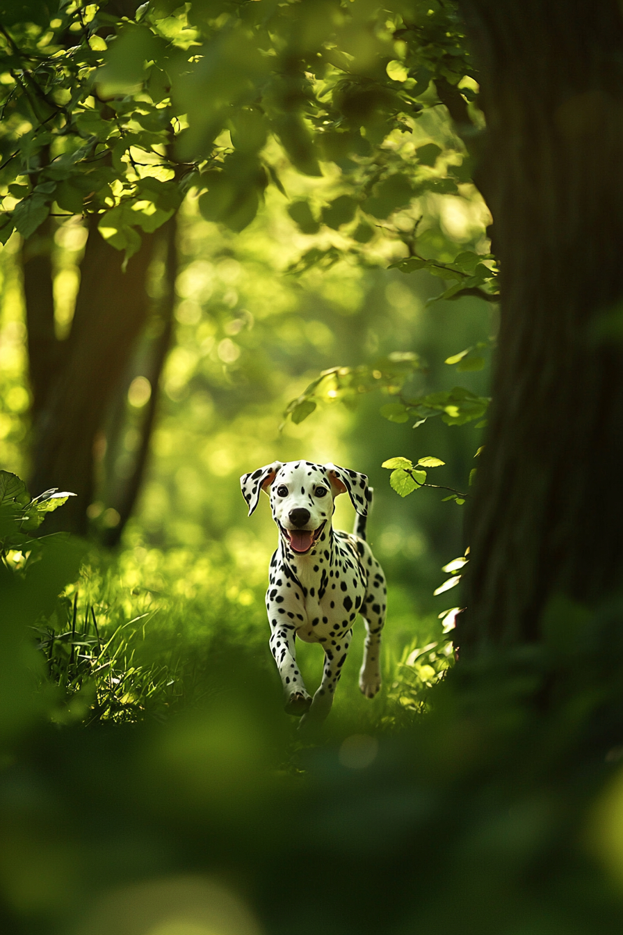 A Dalmatian puppy is happily running through a green park, with spots and a wagging tail, surrounded by large oak trees.