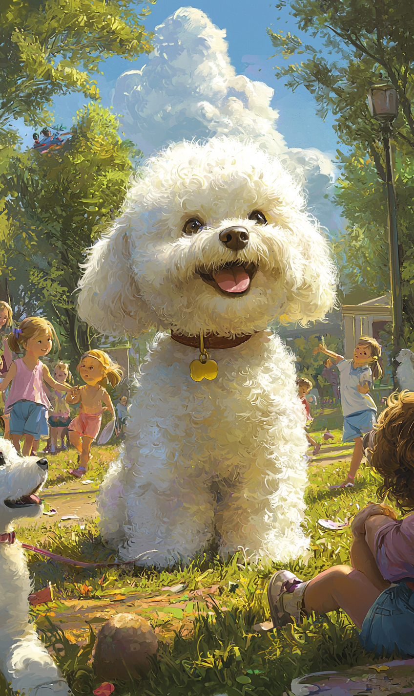 A fluffy Bichon Frise sits on grass in a park, surrounded by other dogs and children playing.