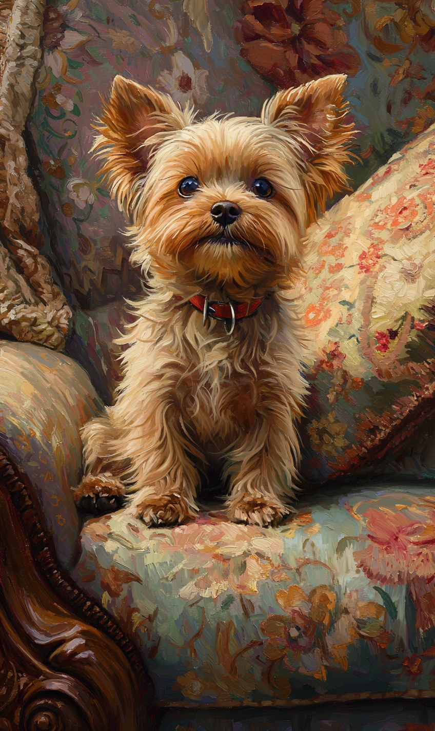 A tiny Yorkshire Terrier sits on a cozy couch, looking up curiously, surrounded by plush pillows.