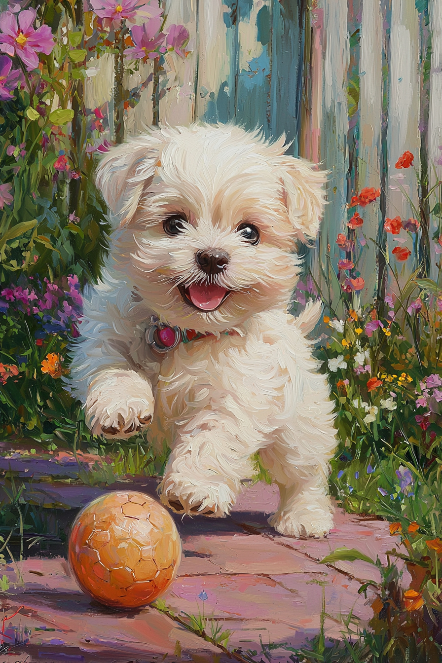 A cute Maltese puppy is happily playing with a ball in a sunny backyard surrounded by flowers and a garden fence.