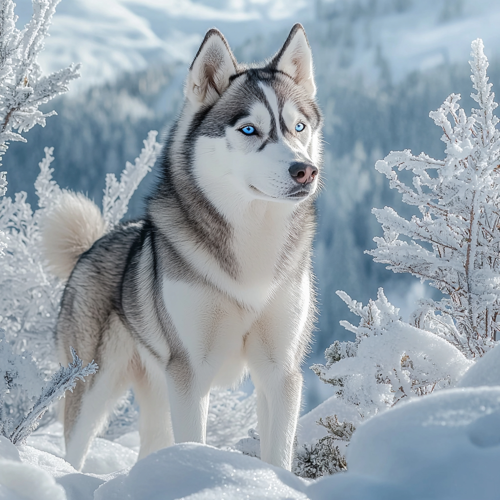 A Siberian husky stands proudly in the snow, surrounded by snow-covered trees and icy mountains, with striking blue eyes.