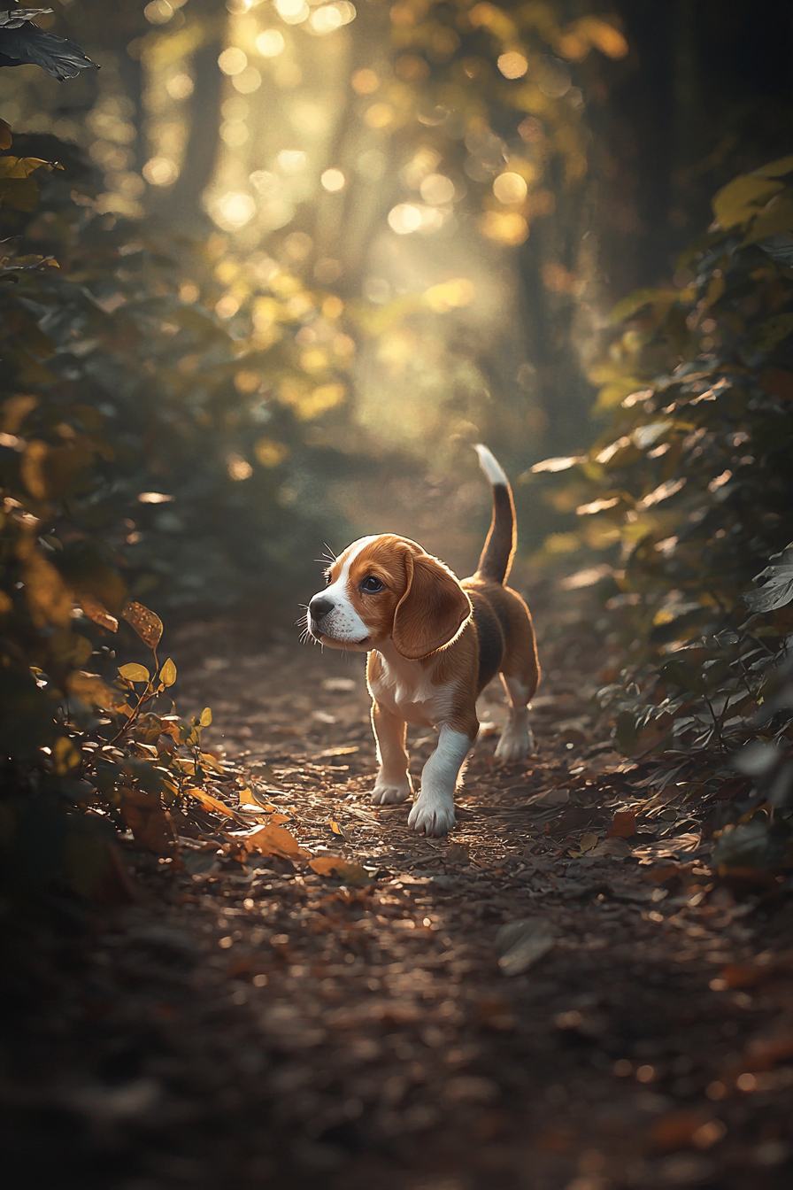 A cute Beagle pup is sniffing around a forest trail with leaves on the ground and sunlight filtering through the trees.