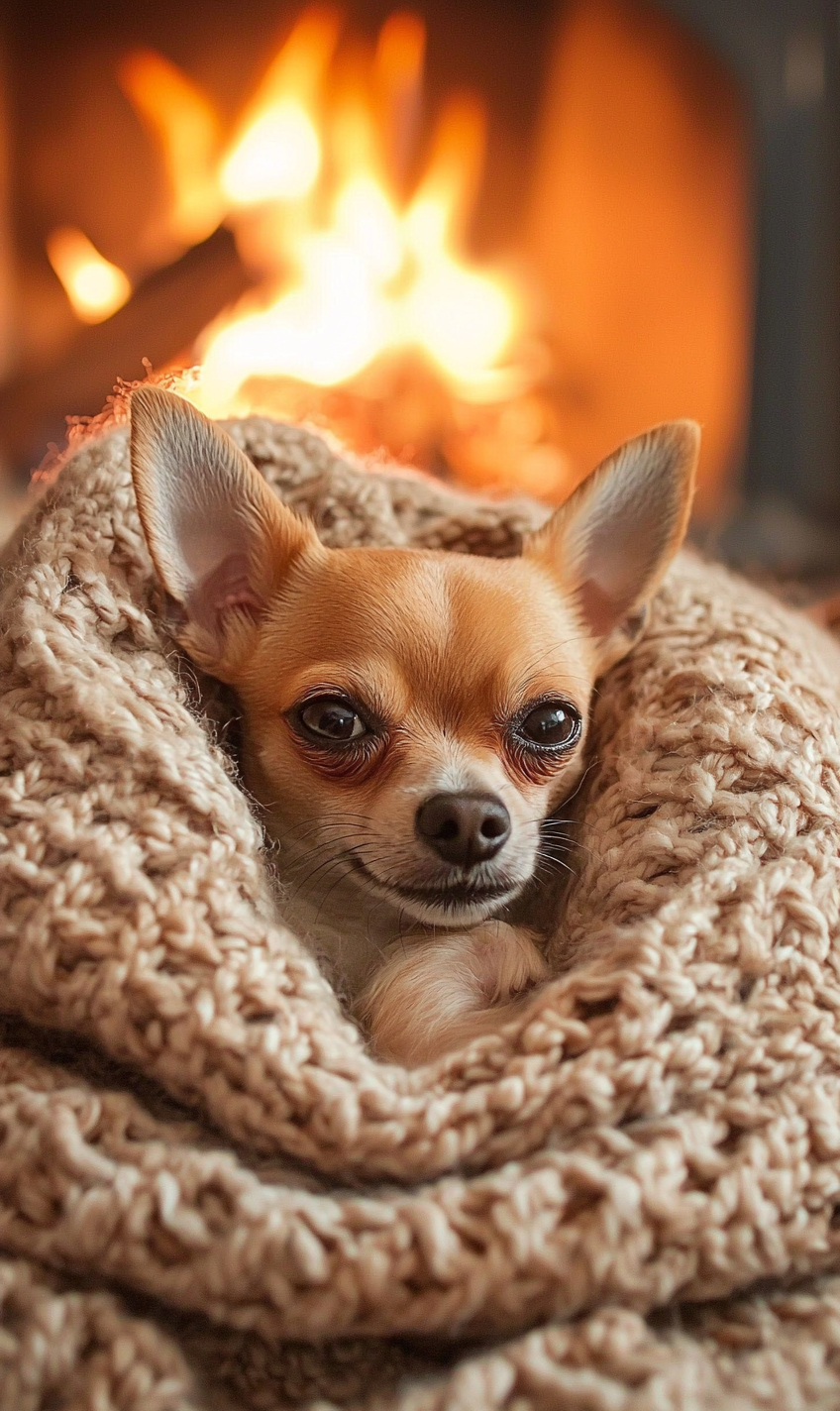 A tiny Chihuahua snuggling in a cozy knitted blanket by a fireplace.