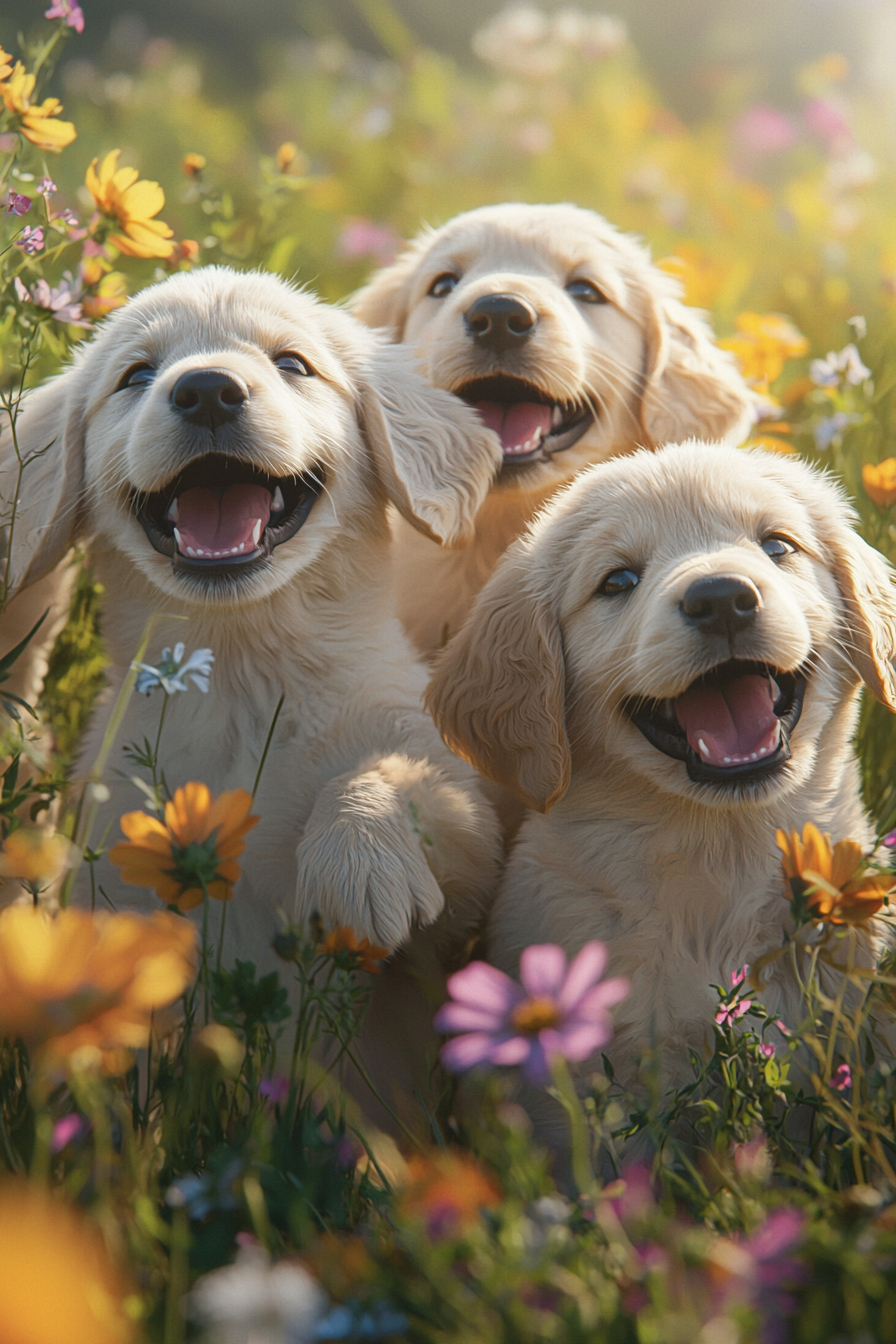 A group of playful golden retriever puppies frolicking in a sunlit meadow surrounded by wildflowers.