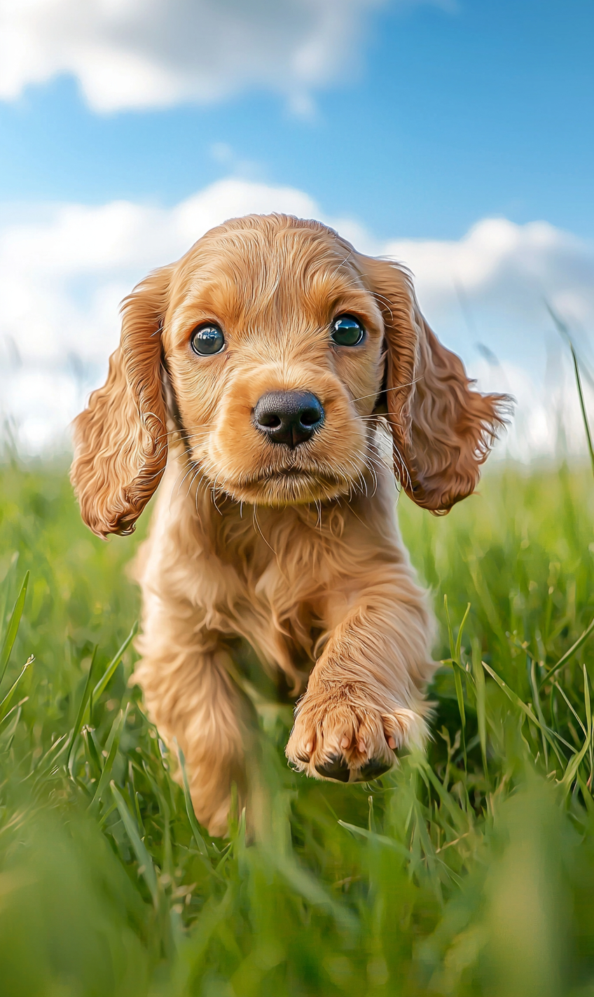 A Cocker Spaniel puppy with big eyes runs through a grassy meadow under a blue sky and fluffy clouds.