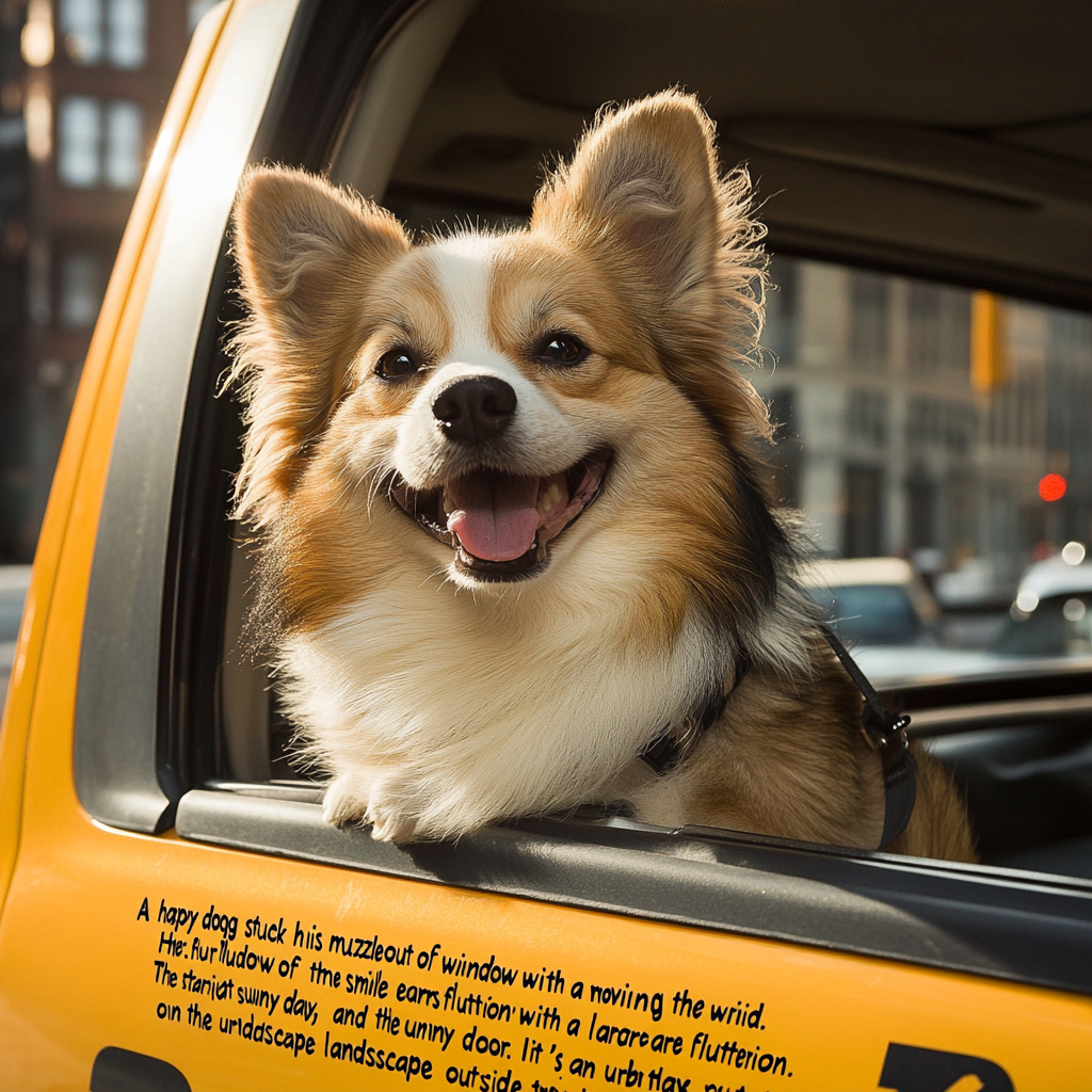 A happy dog sticks its head out of a yellow taxi window, enjoying the sun and wind.