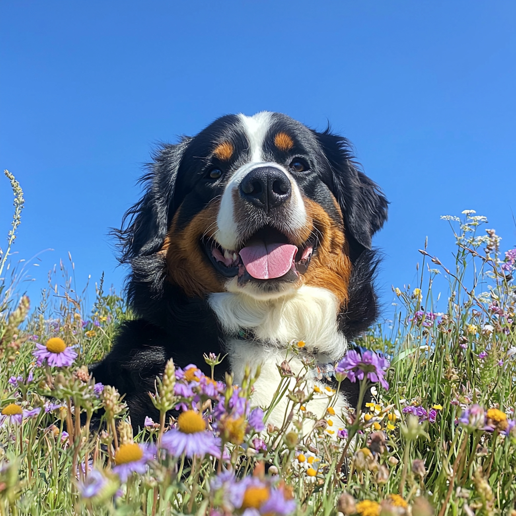 A gentle giant Bernese Mountain Dog lying in the sun, surrounded by wildflowers and a clear blue sky.