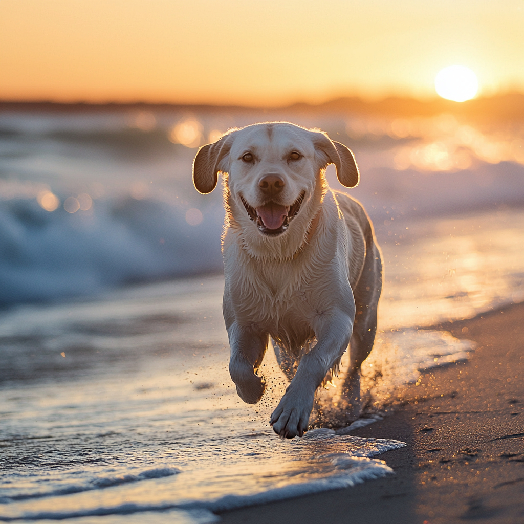A sweet Labrador Retriever joyfully running on a sandy beach at sunset.