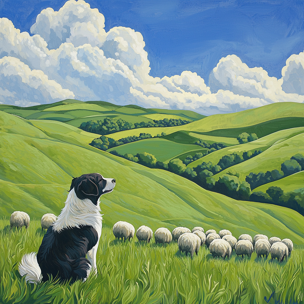 A Border Collie herding sheep in a lush green field with rolling hills and a bright blue sky overhead.