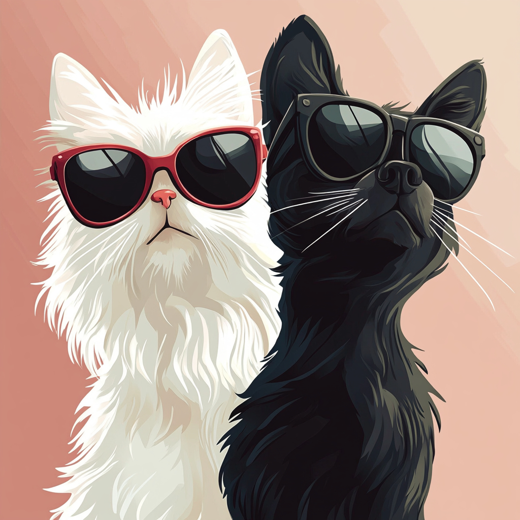 A cartoon cat and dog, one white and one black, wearing sunglasses.