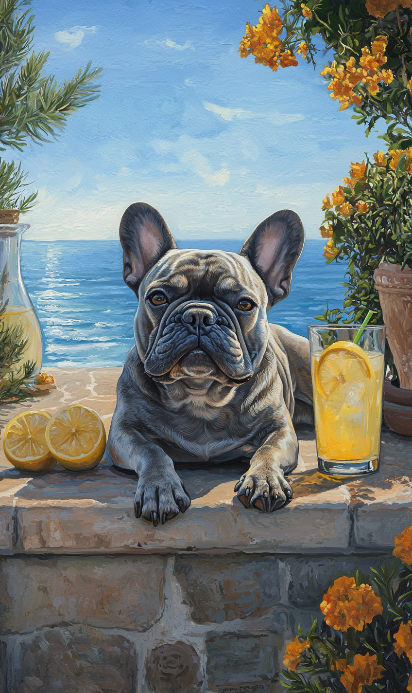 A French Bulldog relaxing on a sunlit terrace with a glass of lemonade and an ocean view.