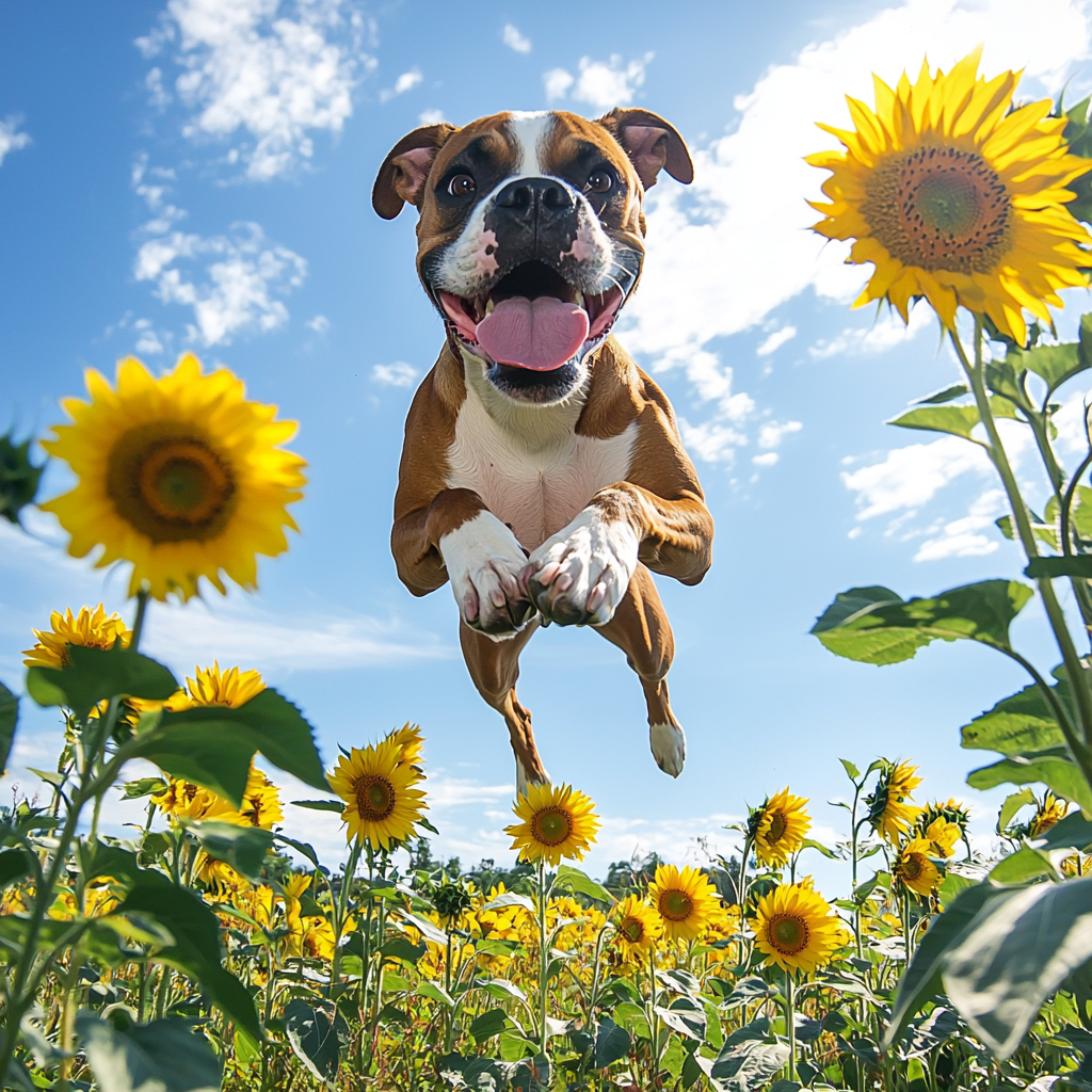 A playful Boxer dog jumping in a sunflower field with its tongue out under a bright blue sky.