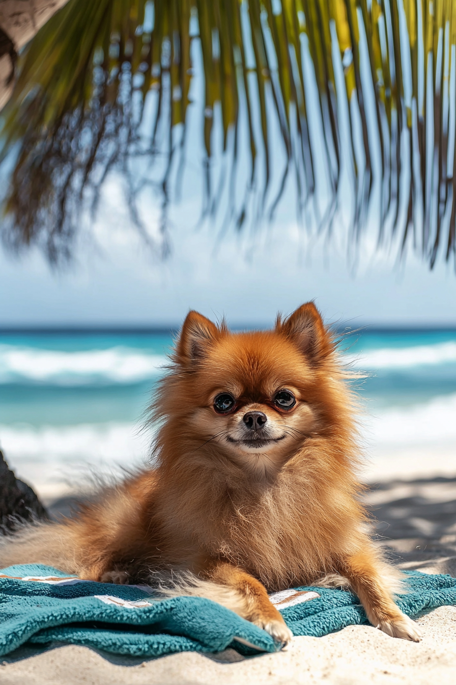A fluffy pomeranian dog lounging on a beach towel under a tropical palm tree, with turquoise ocean waves crashing nearby.