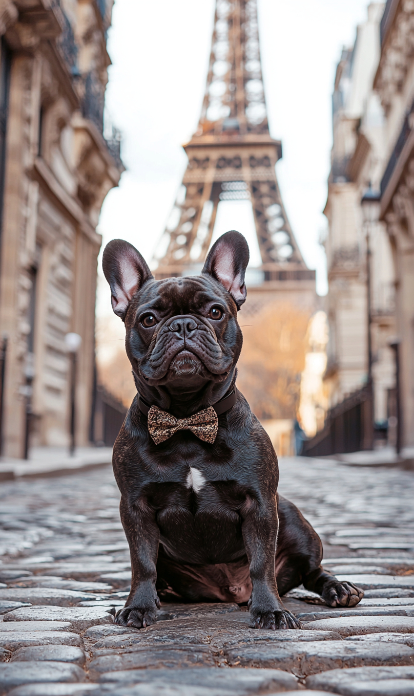 An adorable French bulldog with a cute bowtie sitting on a cobblestone street in Paris, with the Eiffel Tower in the background.