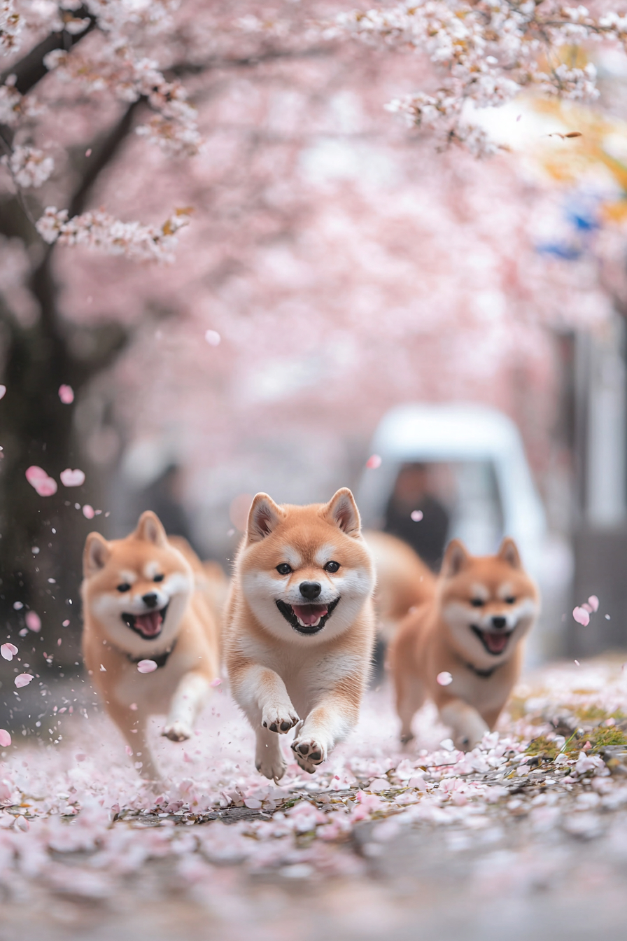 A group of small, fluffy Shiba Inu dogs are playfully chasing each other in Tokyo with cherry blossoms in the background.
