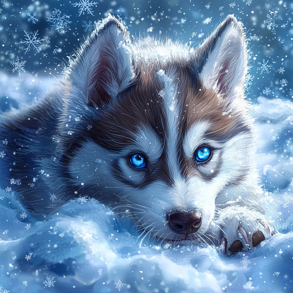 A playful husky pup with bright blue eyes exploring a snowy landscape with snowflakes gently falling around.