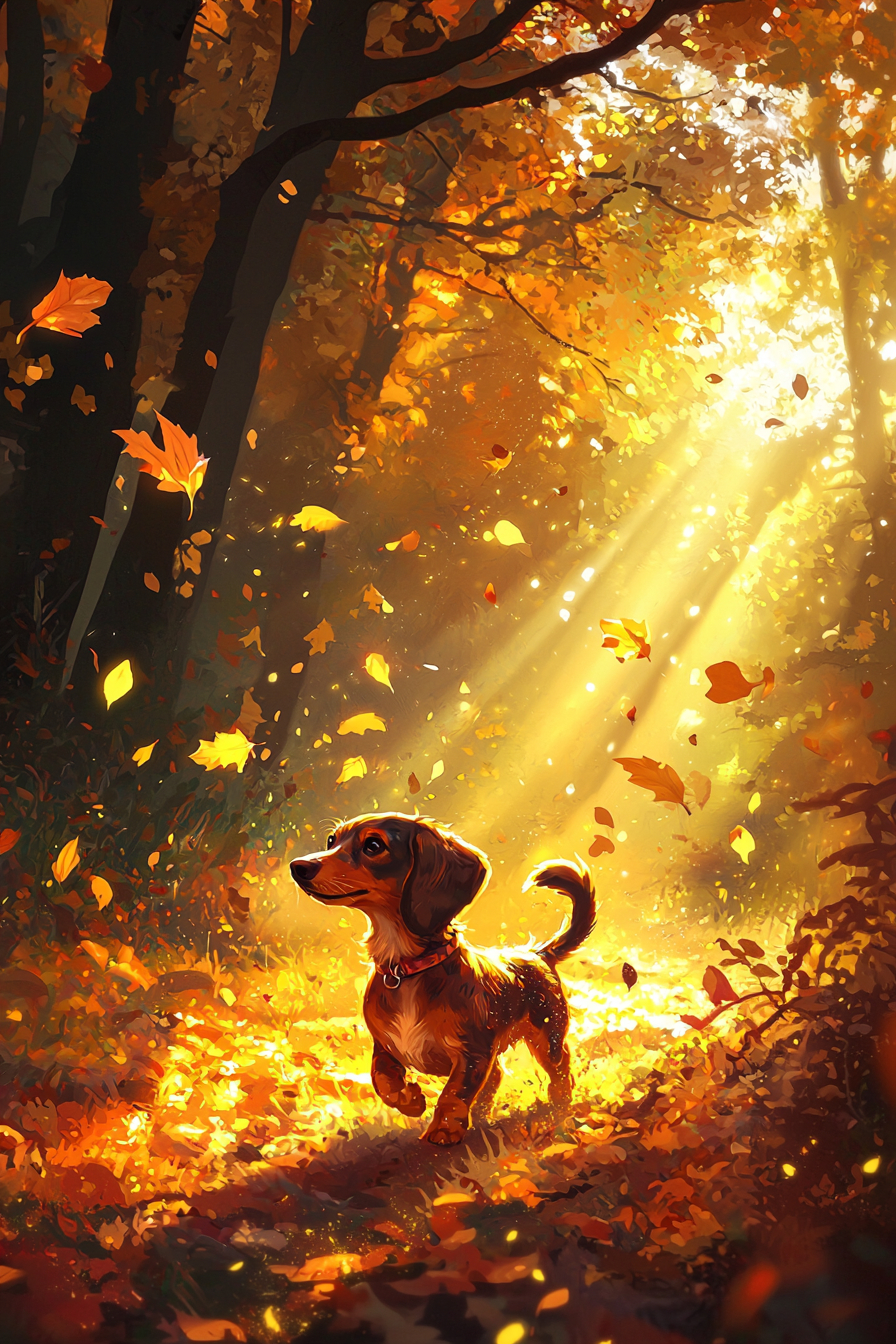 A cute Dachshund is happily trotting through a beautiful autumn forest, with golden leaves falling and sunlight filtering through the trees.