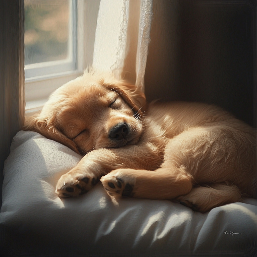 A Golden Retriever puppy sleeping peacefully on a soft pillow with sunlight streaming in, creating a serene atmosphere.