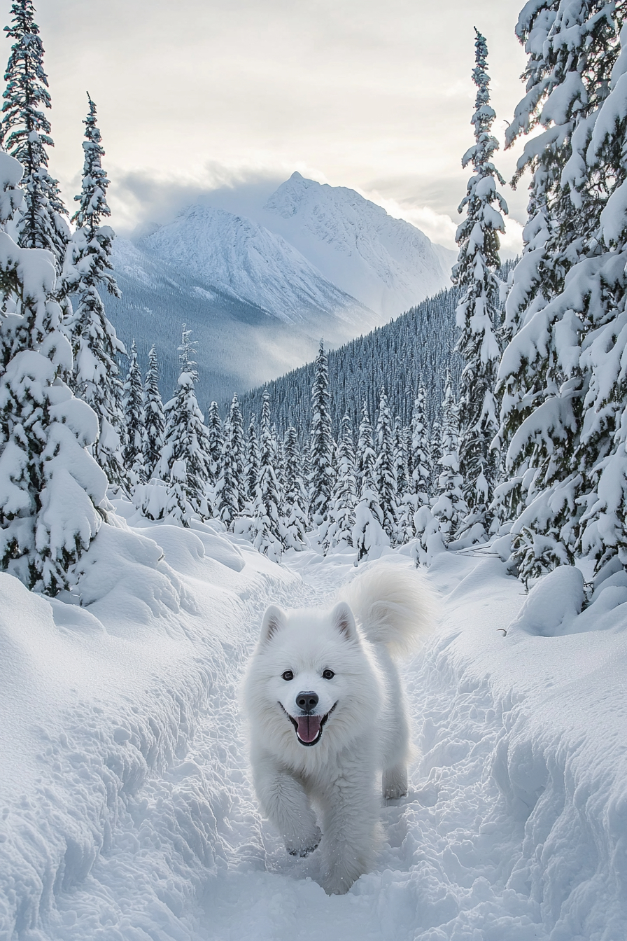 A fluffy Samoyed dog happily playing in the snow, surrounded by tall pine trees and distant mountains.