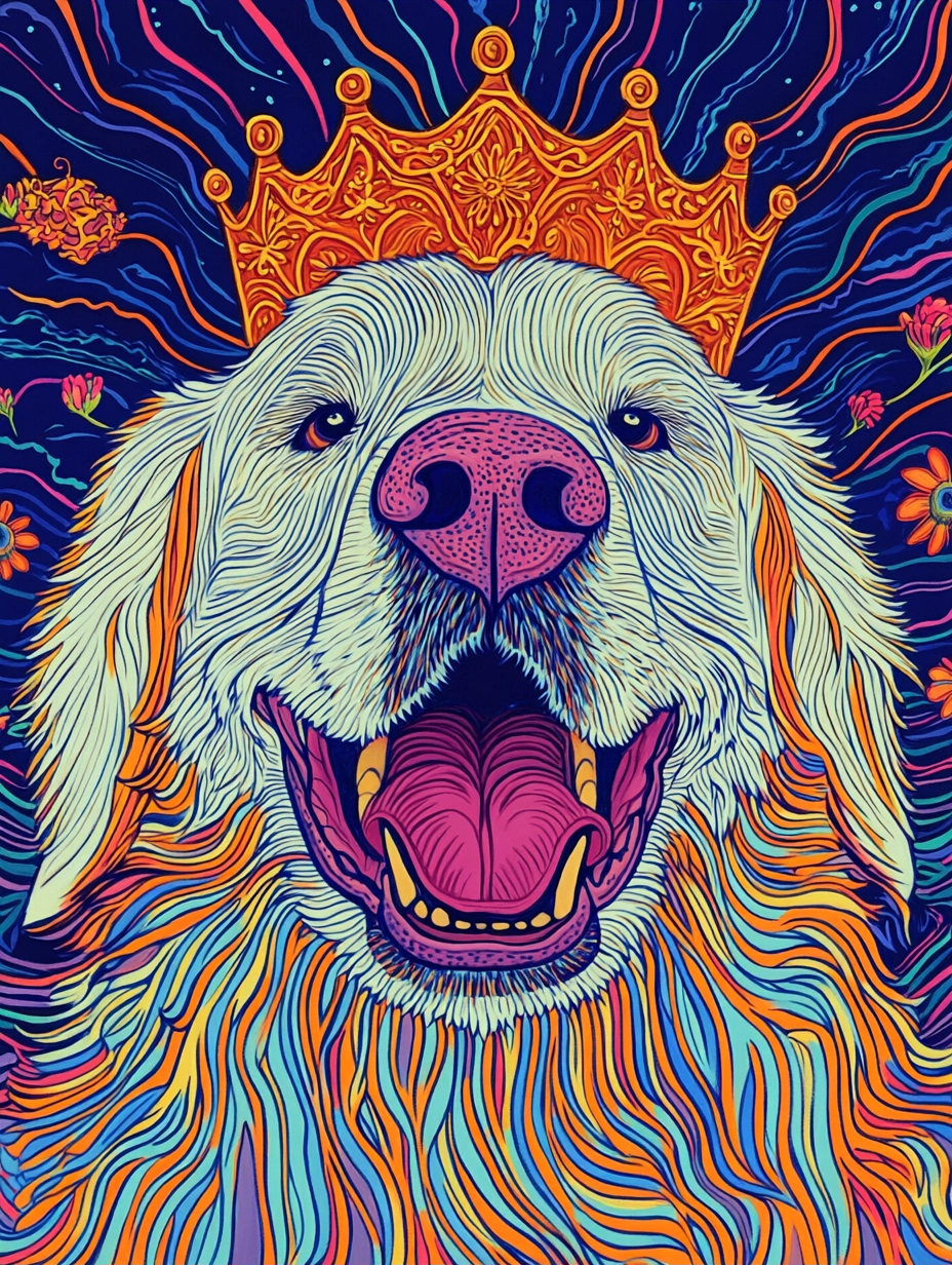 A joyful Great Pyrenees dog wearing a golden crown radiates happiness.