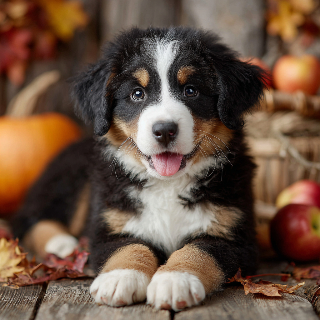 黒白の若いオス犬と秋のシーンにいるメスのバー二ーズマウンテンドッグ