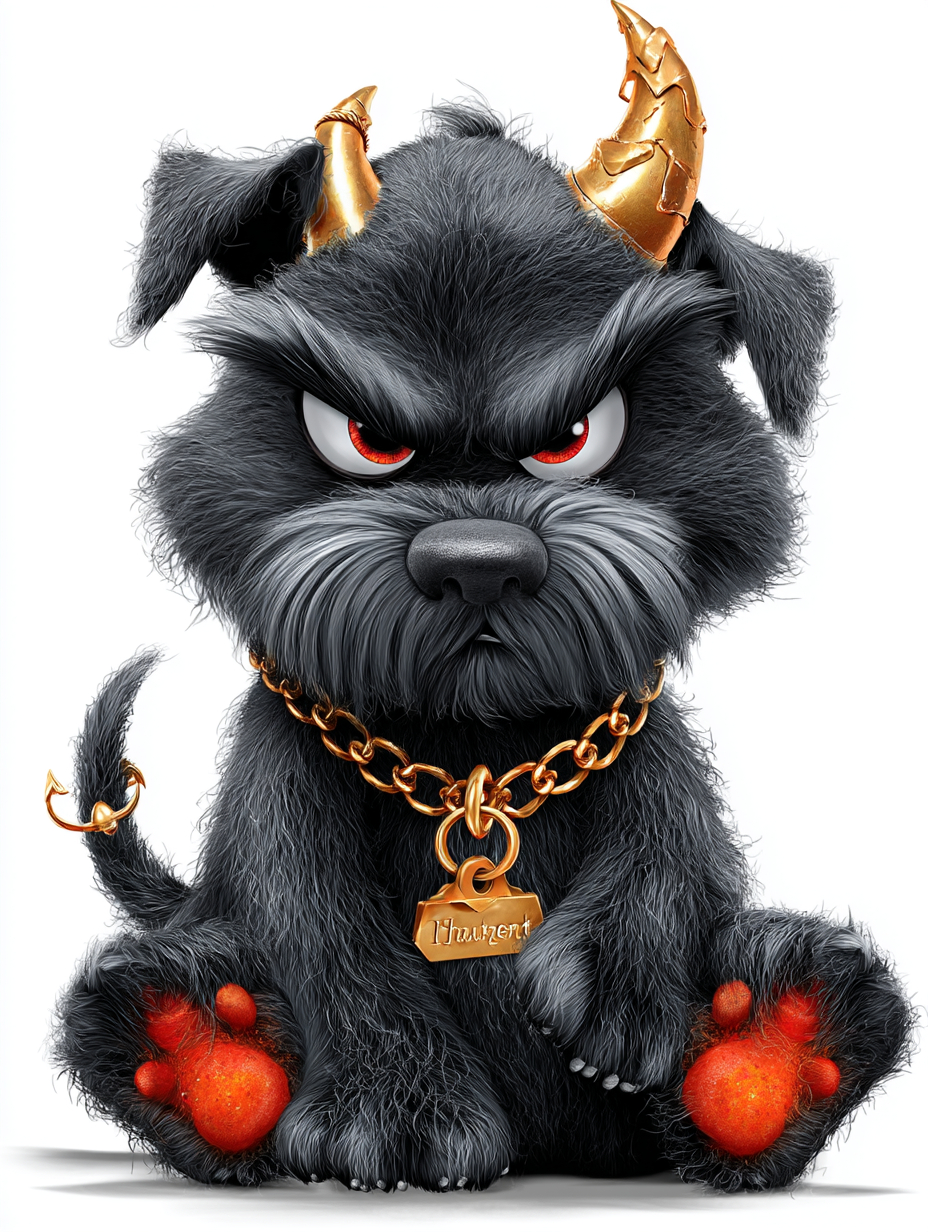 A children's book cover featuring a black Miniature Schnauzer dog with a cheeky, devilish look in a hyper-realistic style.