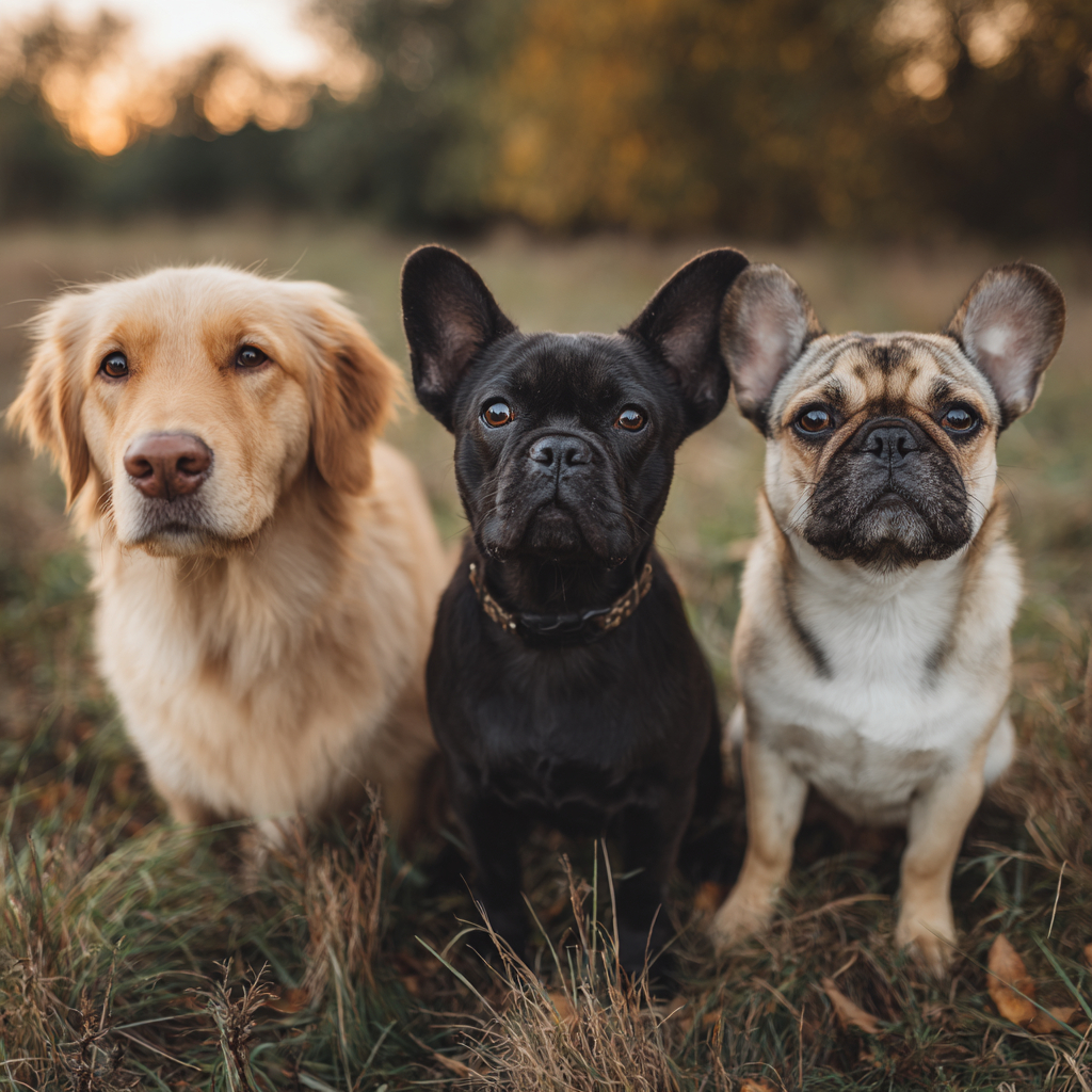 Três cães engraçados, um labrador, um chihuahua e um bulldog francês, sentados na grama olhando para a câmera