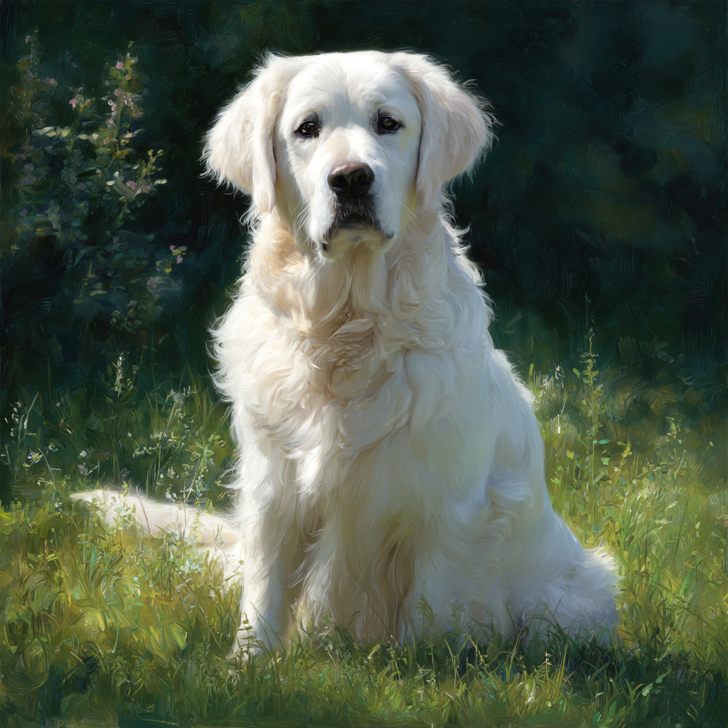 Um golden retriever branco sentado calmamente em um campo gramado