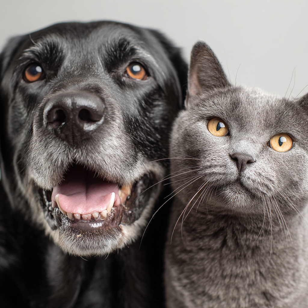 Ein glücklicher schwarzer Labrador und eine graue Katze, die in die Kamera lächeln