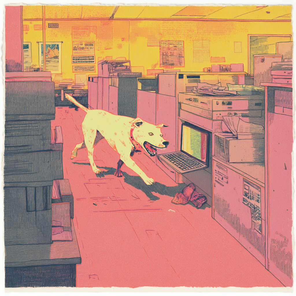 A dog with a computer in its mouth is running between desks.