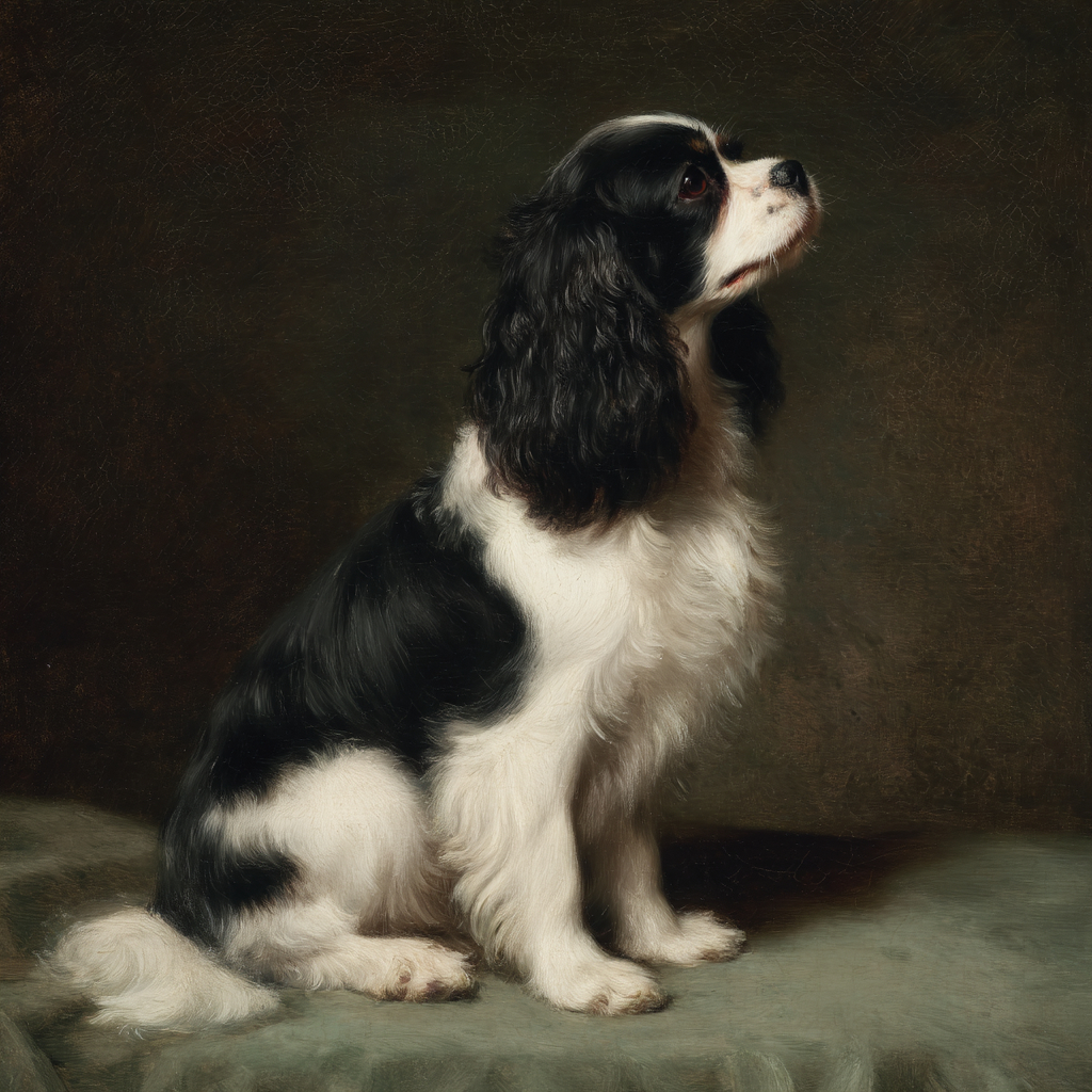Full body portrait of a King Charles Cavalier Spaniel by John Singer Sargent
