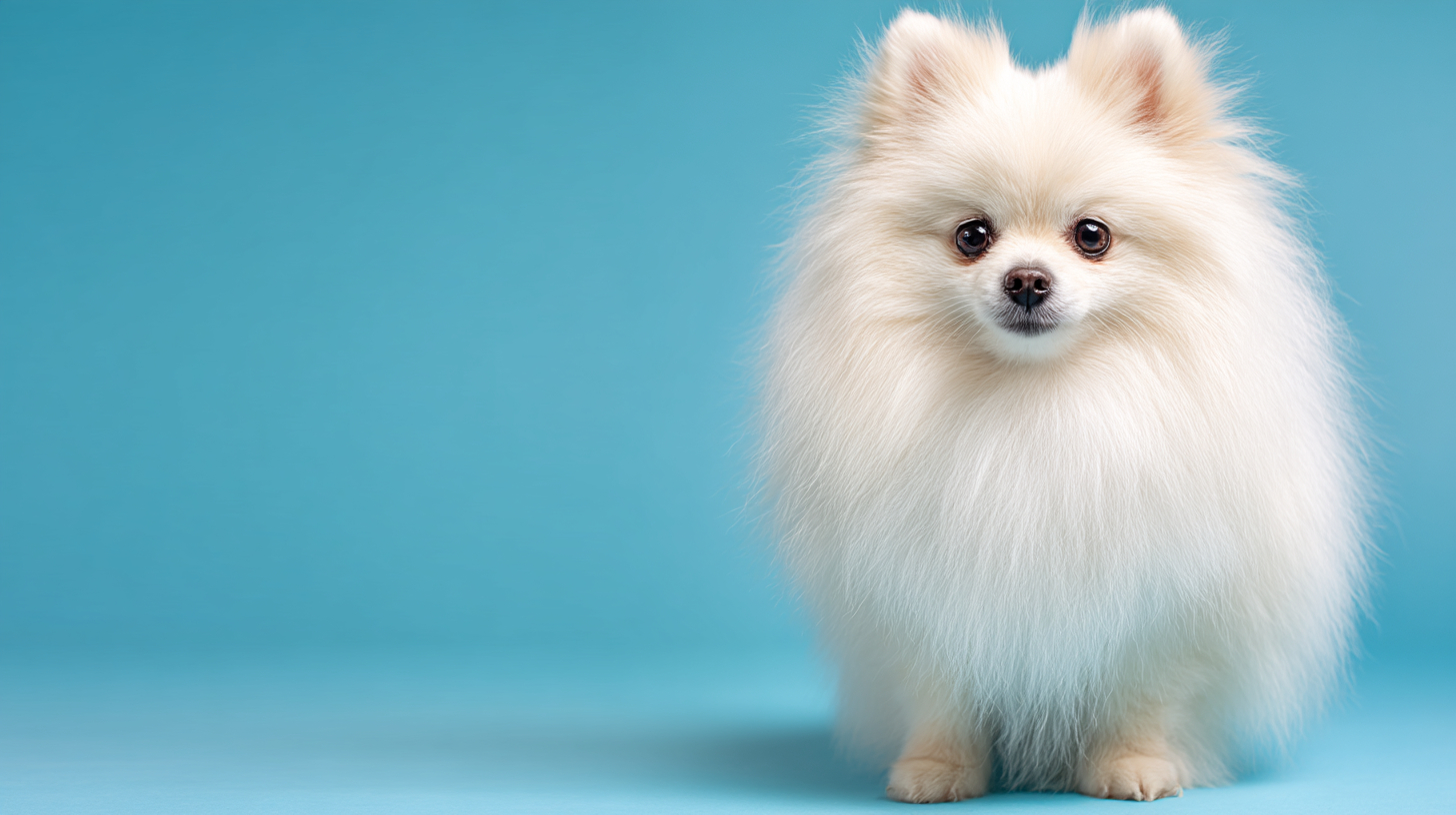 Ein flauschiger weißer Pomeranian auf einem einfarbigen himmelblauen Hintergrund, der auf der rechten Seite positioniert ist