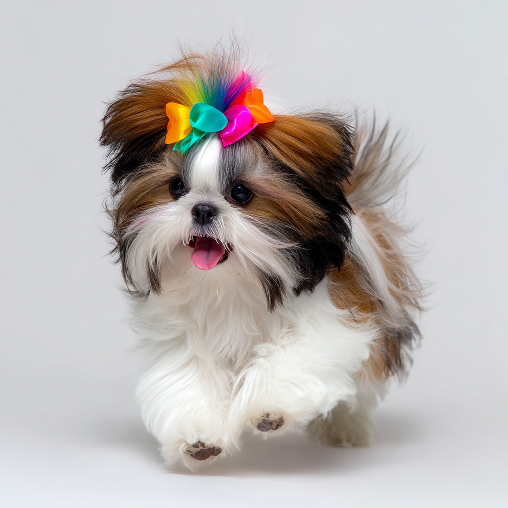 一只可爱的西施犬，拥有白色、棕色和黑色的长丝滑毛发，头戴彩色彩虹发 bow，开心地奔跑在白色背景下