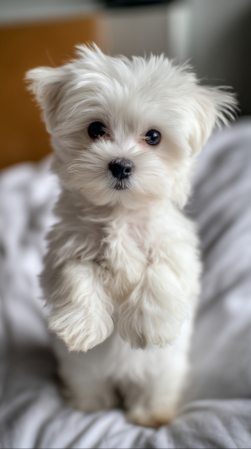 Un adorable cachorro maltés blanco se sienta en el borde de la cama mostrando su cara encantadora y ojos grandes