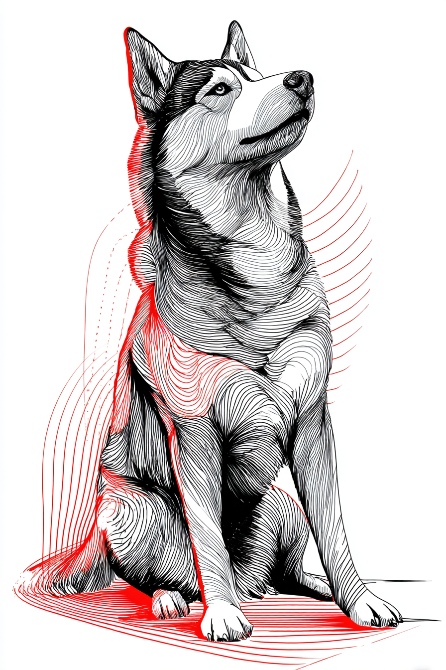 A simple vector line art of a husky dog