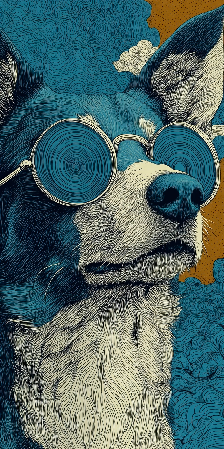 Illustration des Kopfes eines Hundes im Profil mit Aqua-Fell und Aqua-Sonnenbrille