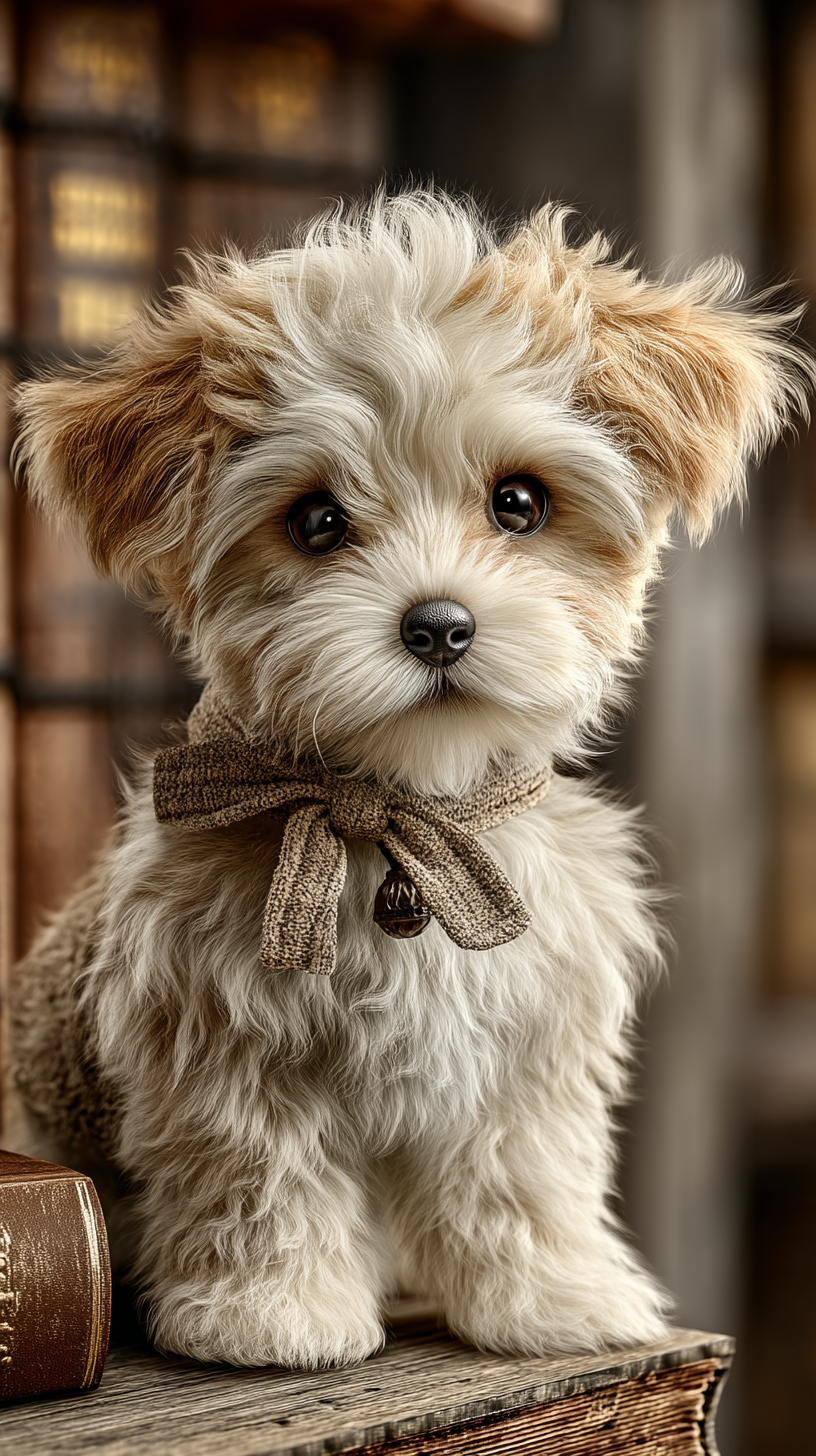 An ultra-realistic portrait of a cute puppy with big eyes and fluffy white fur, sitting on a book.