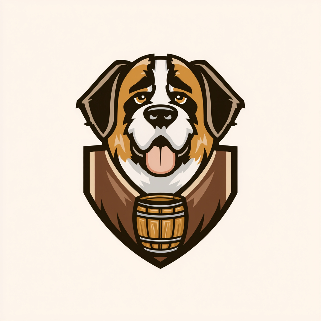 Ein süßes, aber einschüchterndes Logo eines tan Saint Bernard mit einem Whiskyfass