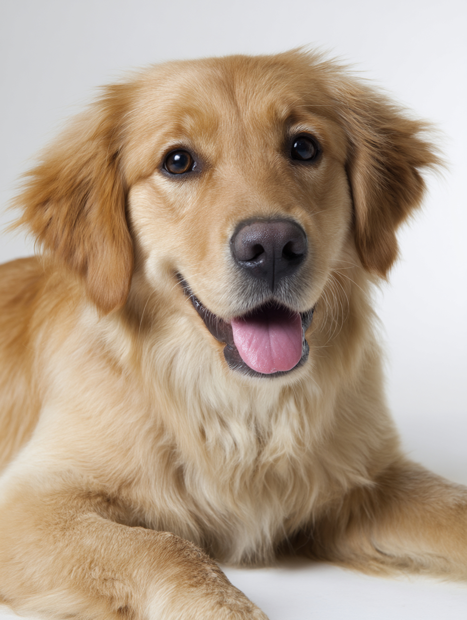 A 3-month-old golden retriever is smiling against a white background