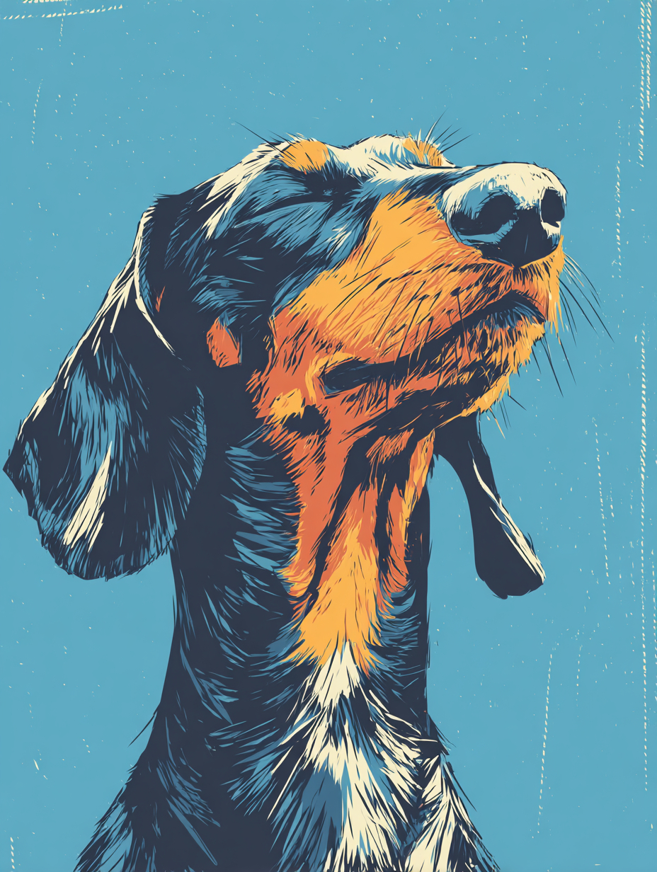 A close-up of a smiling black and tan dachshund's side profile against a blue sky
