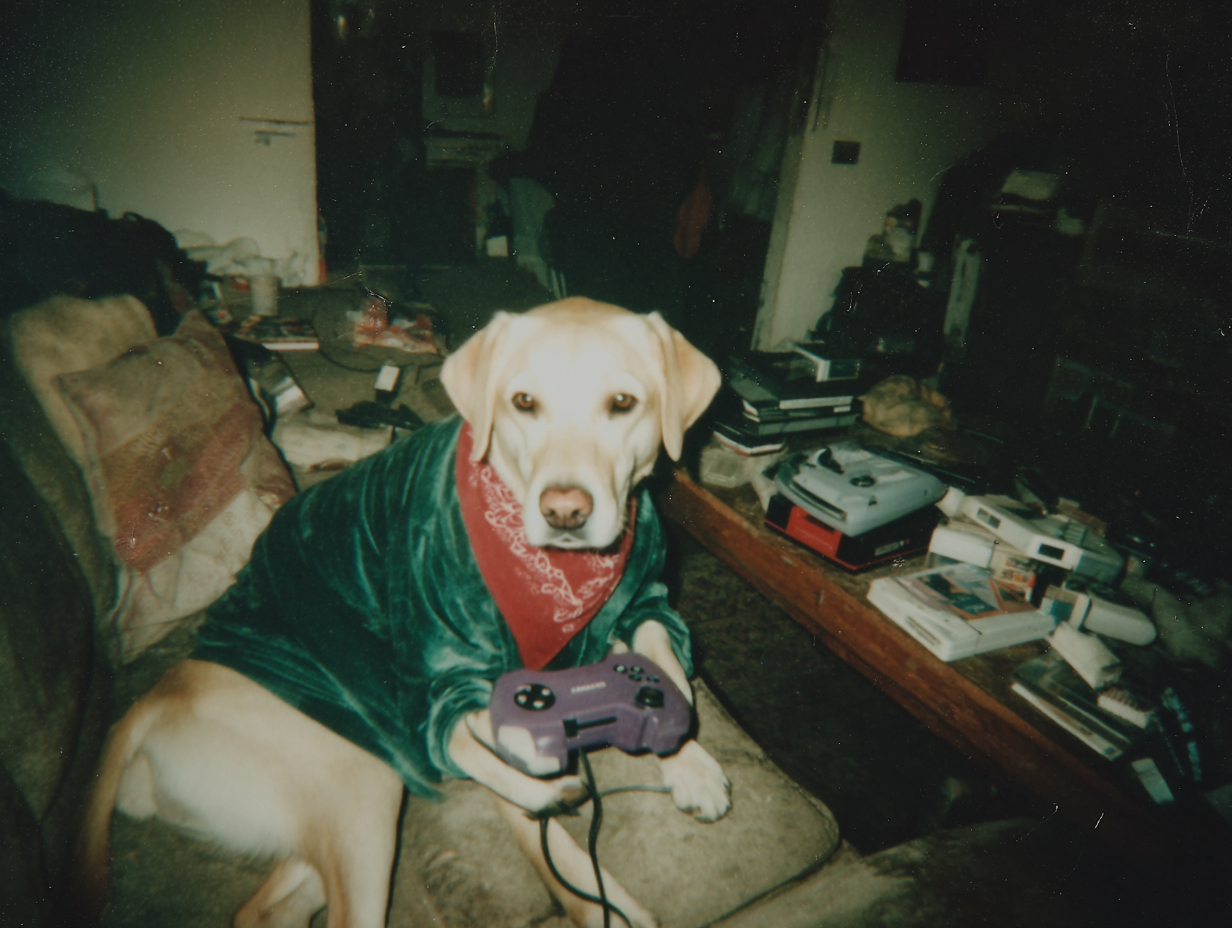 Un labrador crème portant une robe verte et un bandana rouge est assis sur un canapé dans un salon en désordre tenant une manette PlayStation violette
